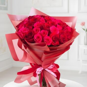 30 Red and Hot Pink Roses Hand Tied Bouquet