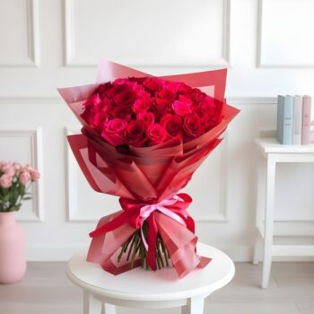 30 Red and Hot Pink Roses Hand Tied Bouquet